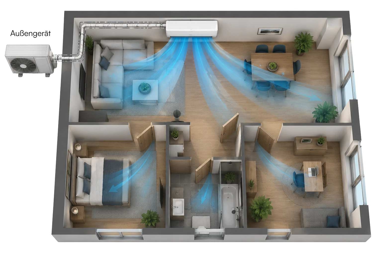 Funktionsweise einer Split-Klimaanlage – Außengerät, Innengerät und Luftverteilung in einer Wohnung, montiert von IE-TEC in Wien